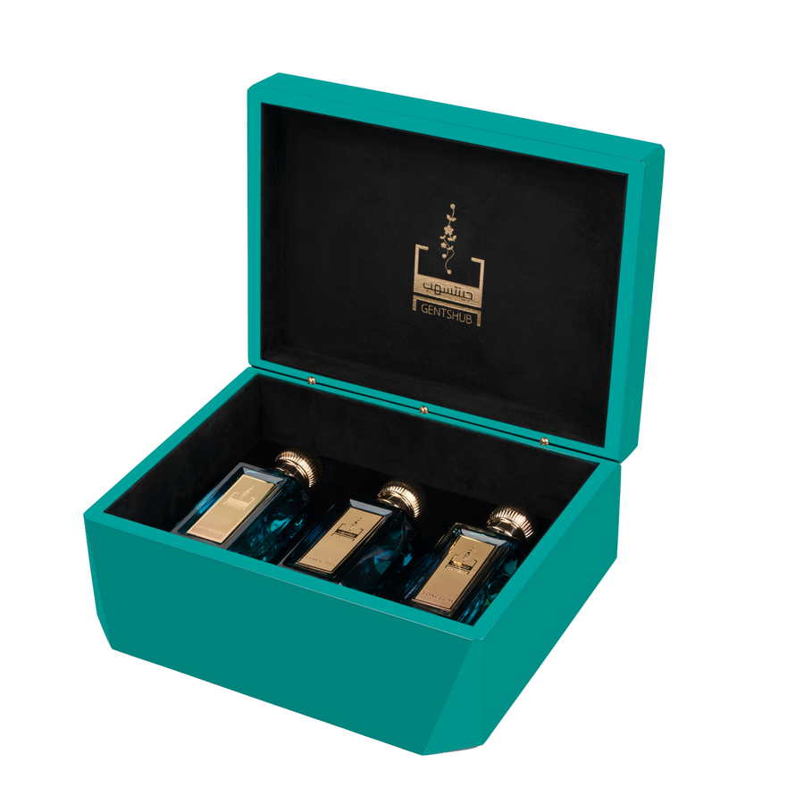 Luxury Teal Perfume Gift Box Open with Gold Accent Perfume Bottles
