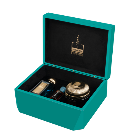 Luxury Teal Gift Box Set Open with Perfume, Oud Wood, and Dahn Al Oud Oil