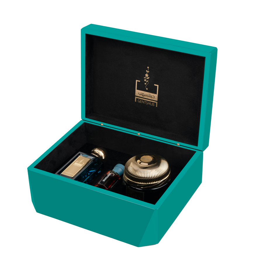 Luxury Teal Gift Box Set Open with Perfume, Oud Wood, and Dahn Al Oud Oil