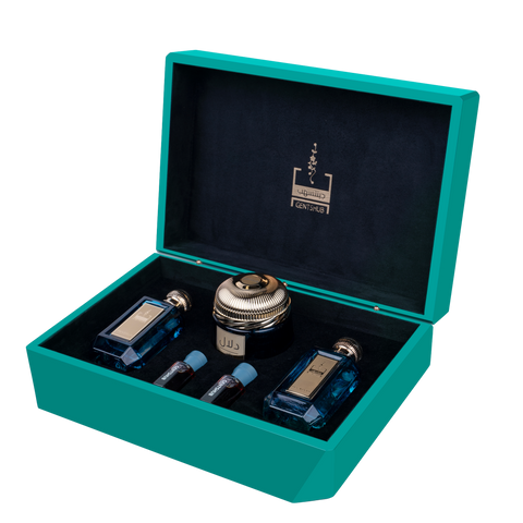 Custom Interior Compartments of Luxury Teal Oud and Perfume Gift Set
