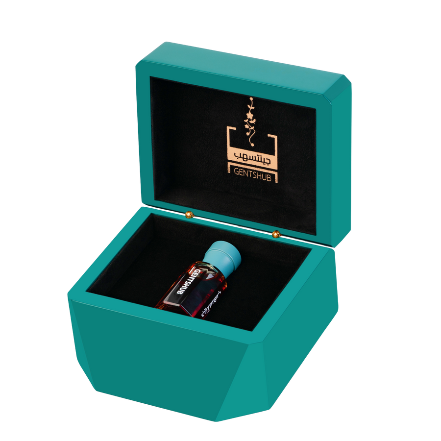 Luxury Teal Dahn Al Oud Presentation Box Open with Bottle Display